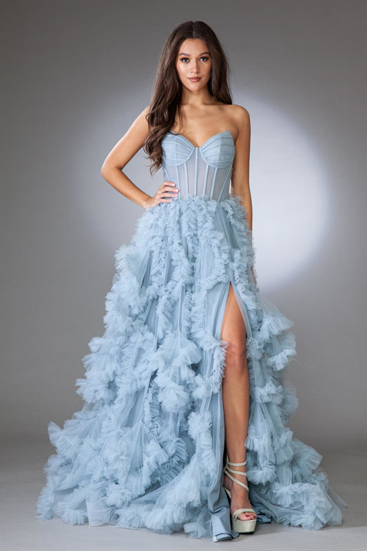 Lorraine Un Hombro Gasa Vestido Con Falda En Cascada Azul Marino Tallas Grandes